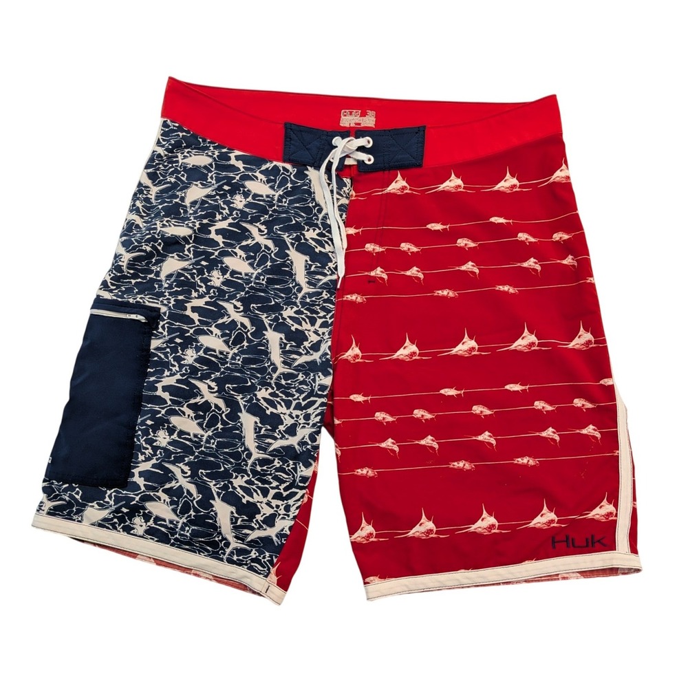 Huk Fishing Board Shorts Men's 38 Red Navy Fish Print Swim Trunks Performance
